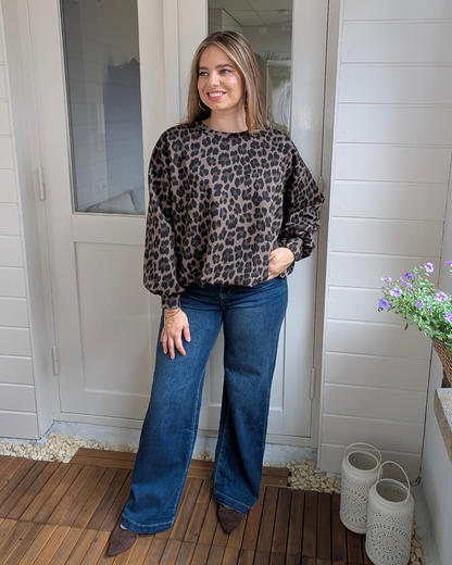 Ballon sweater panter print - Taupe/Bruin