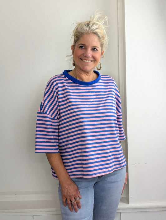 Gestreept shirt shimmer - Blauw / roze