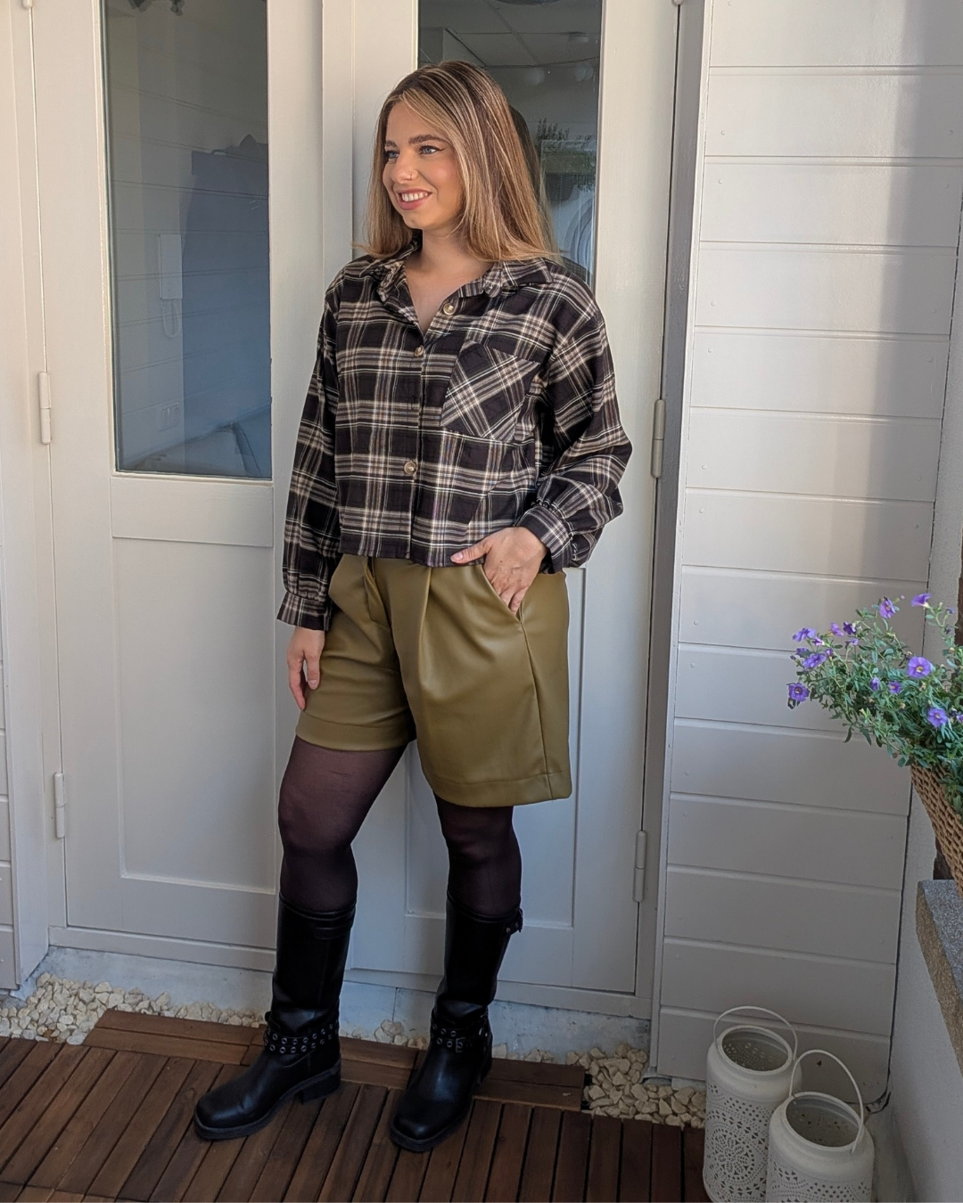 Korte ruitjes blouse Ella - Bruin/Groen