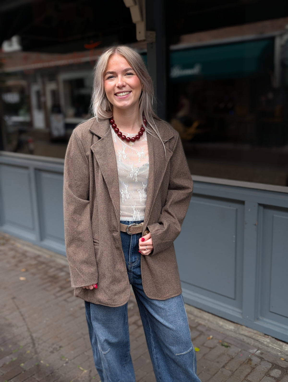 Rio ruiten blazer - Bruin / ecru