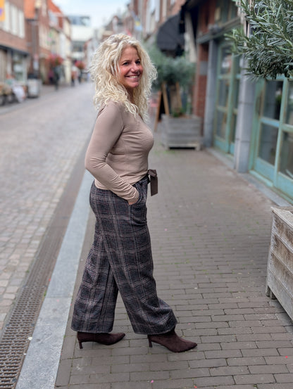 Lian Geruite pantalon met strikceintuur - Bruin / taupe / bordeaux