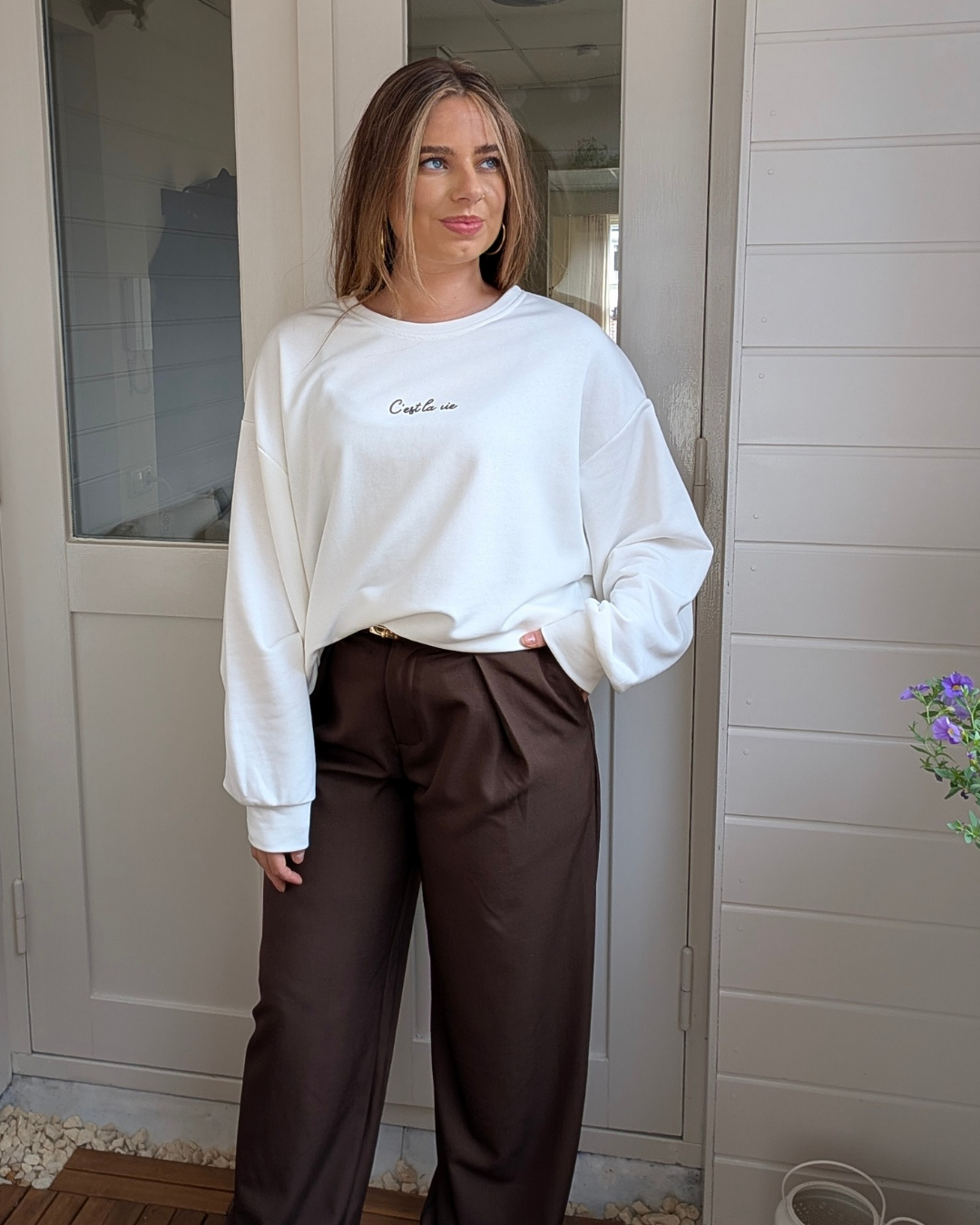 C'est la vie oversized sweater - Wit/Bruin
