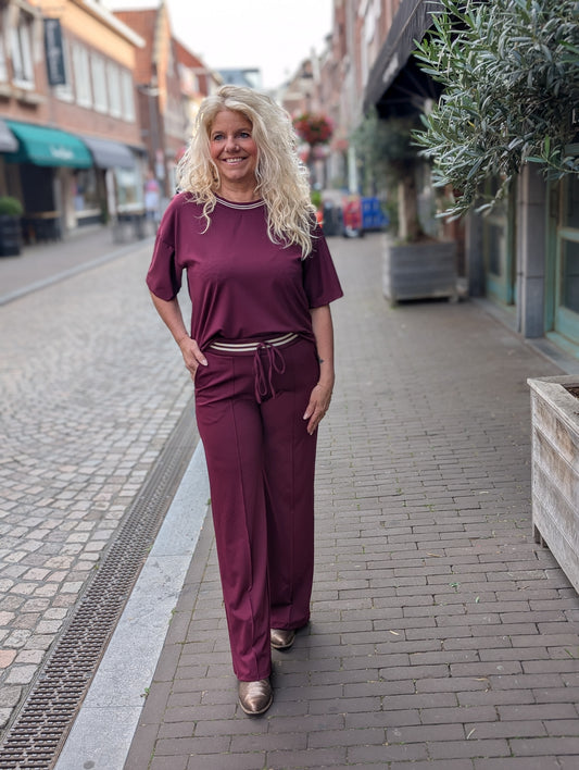Linda travel stof wide leg met streep band- Wijn rood