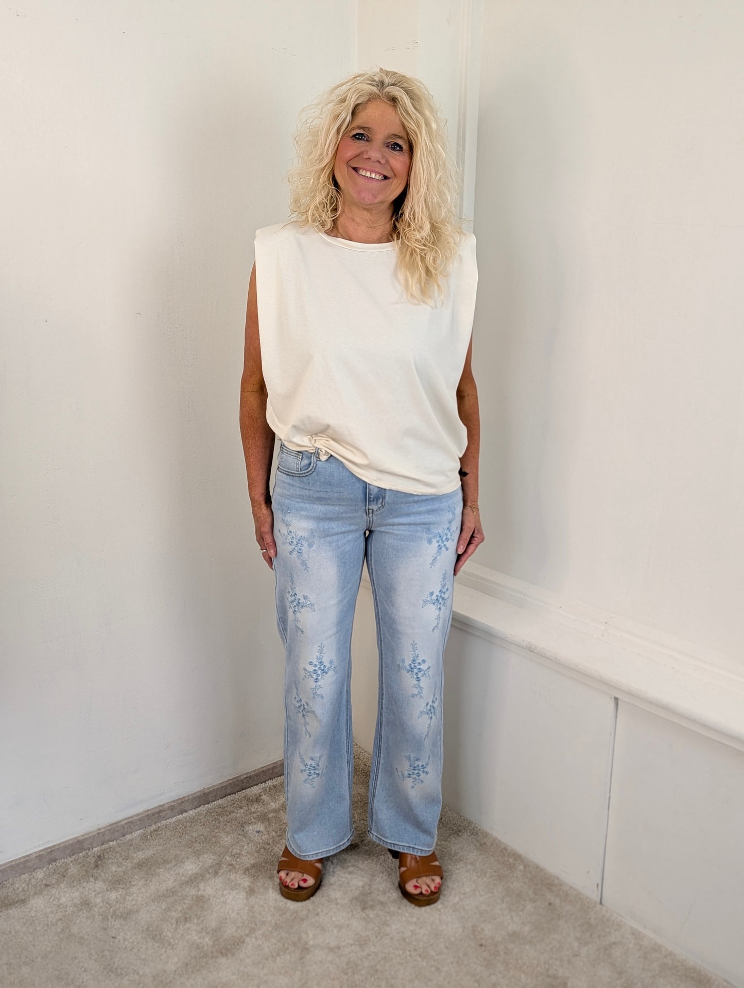 Miss Bon wide leg flowers - Jeans blauw