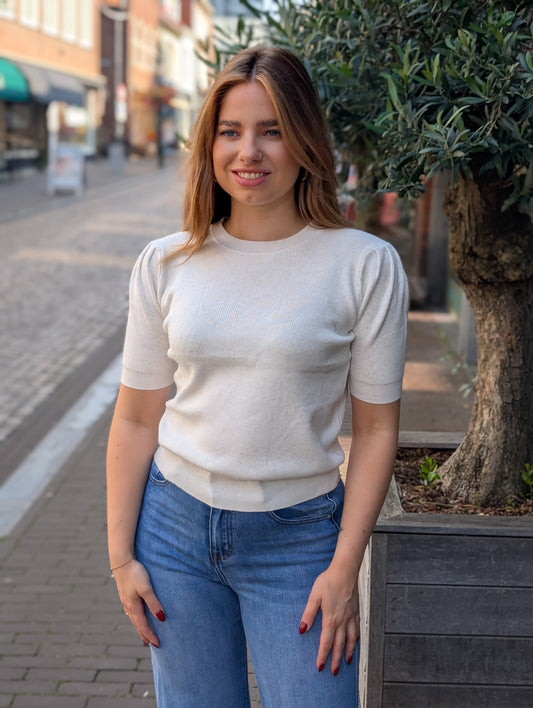 Jean trui met pofmouwtje - Off white met een fijn glittertje