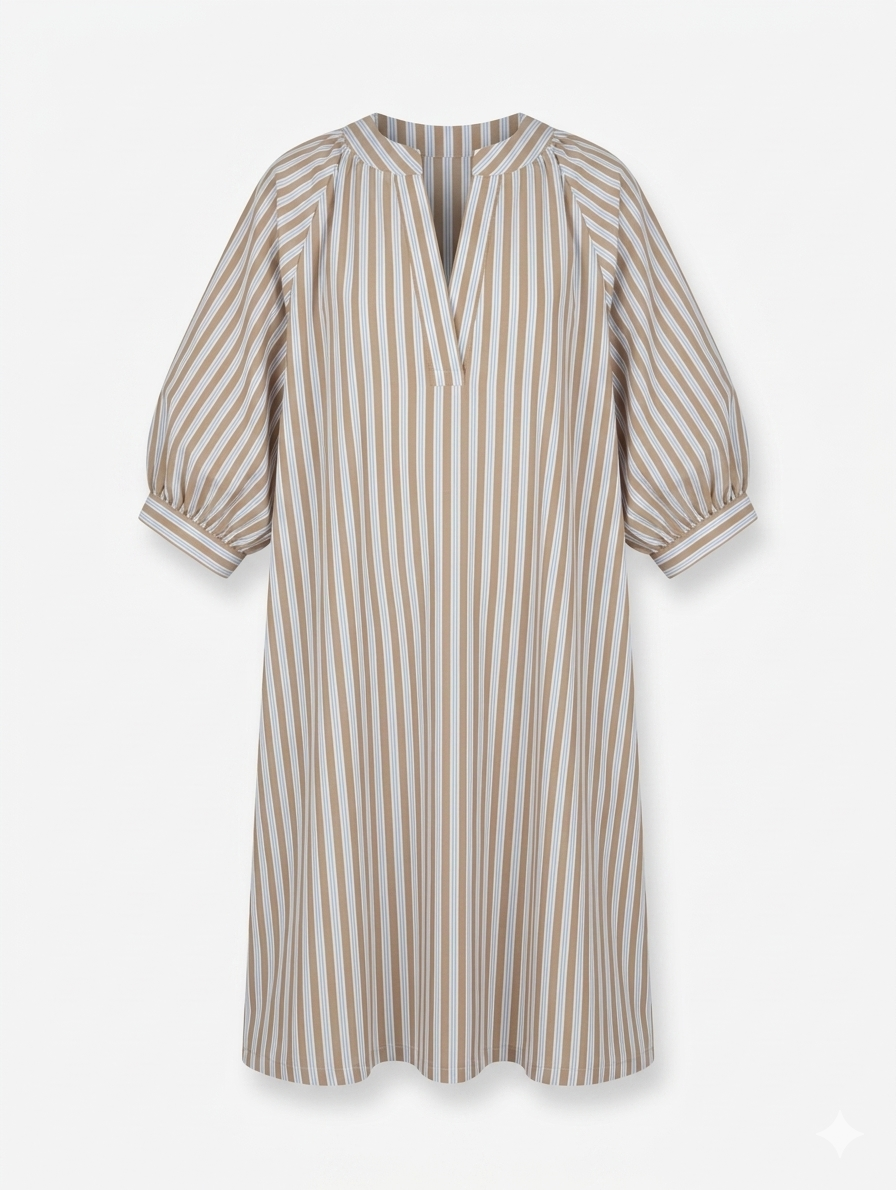 Tuniekjurk met Pofmouwen strepen - Taupe/Blauw