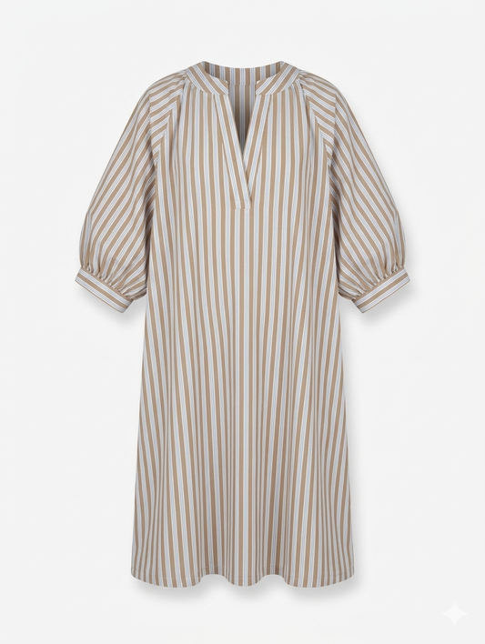 Tuniekjurk met Pofmouwen strepen - Taupe/Blauw