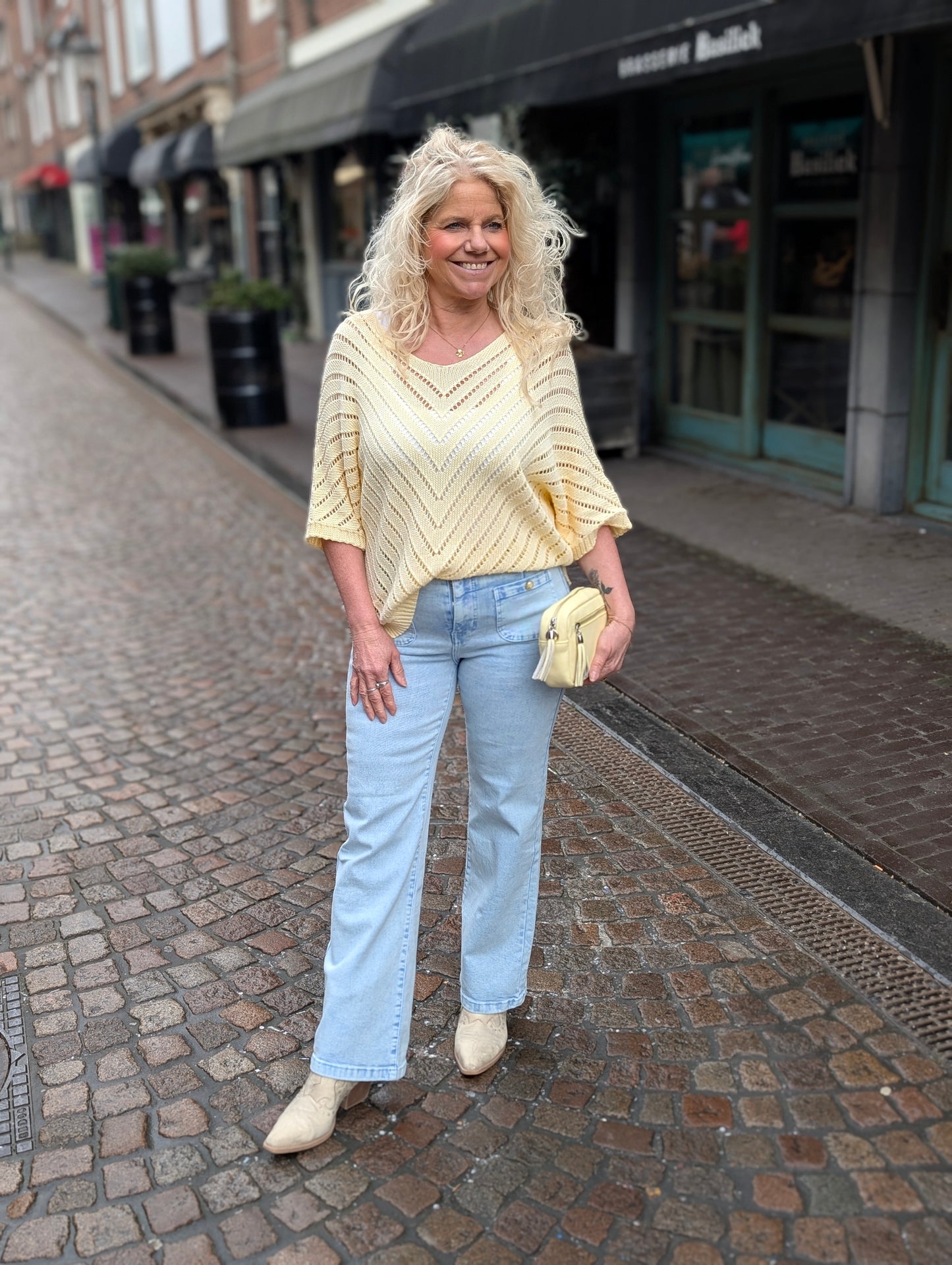 Gehaakte trui Maud met korte mouw - Geel