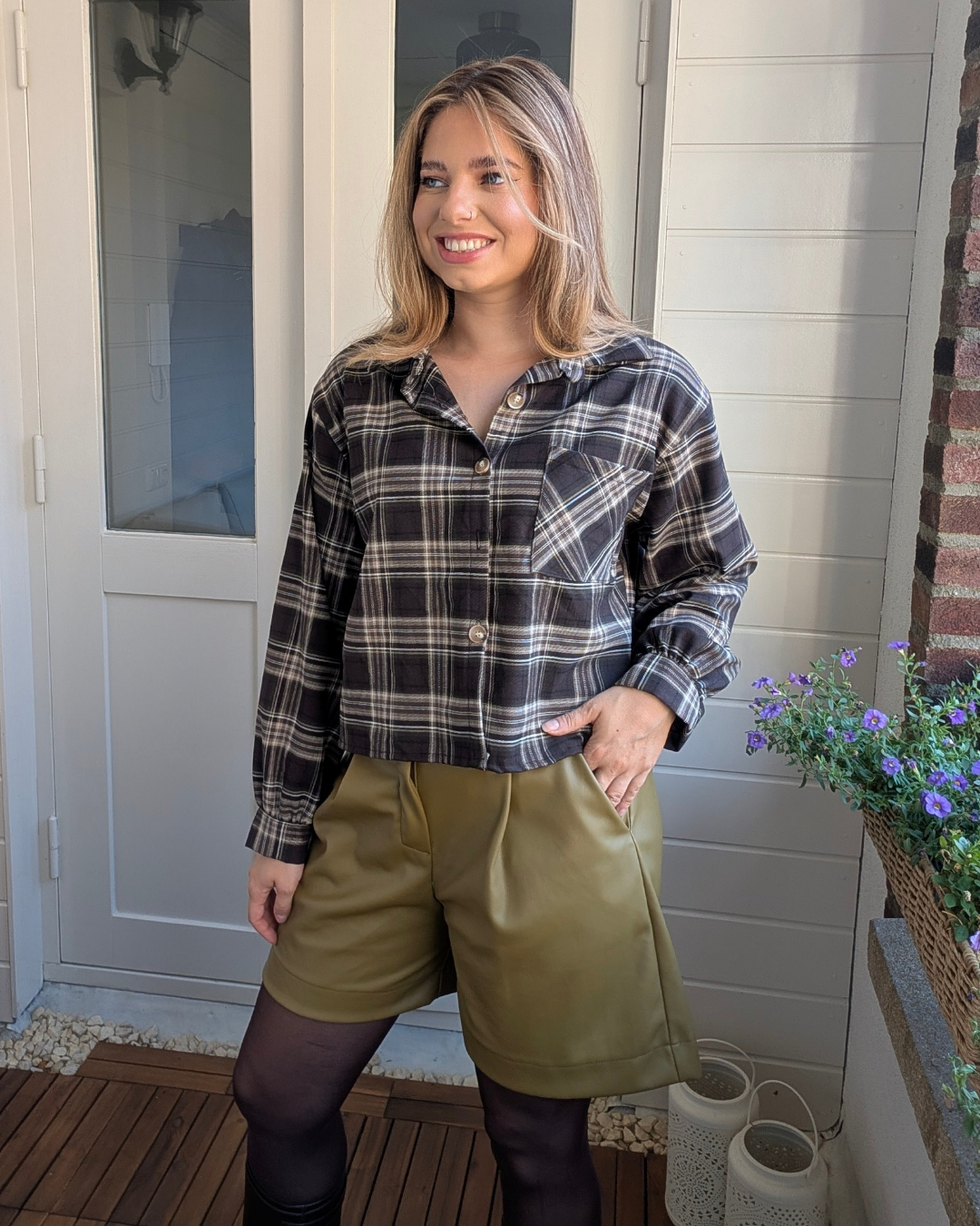 Korte ruitjes blouse Ella - Bruin/Groen