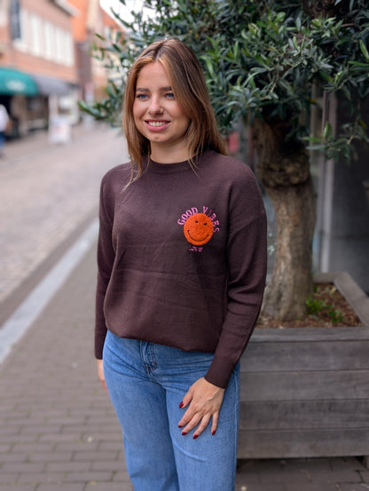 Good vibes smiley sweater - Bruin / roze / orange
