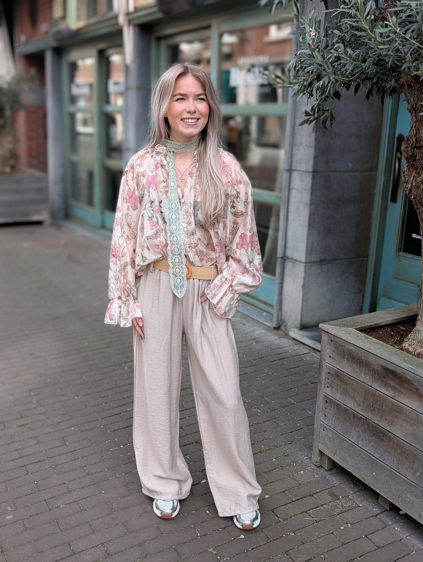 Daisi wide leg pantalon met riem - Beige