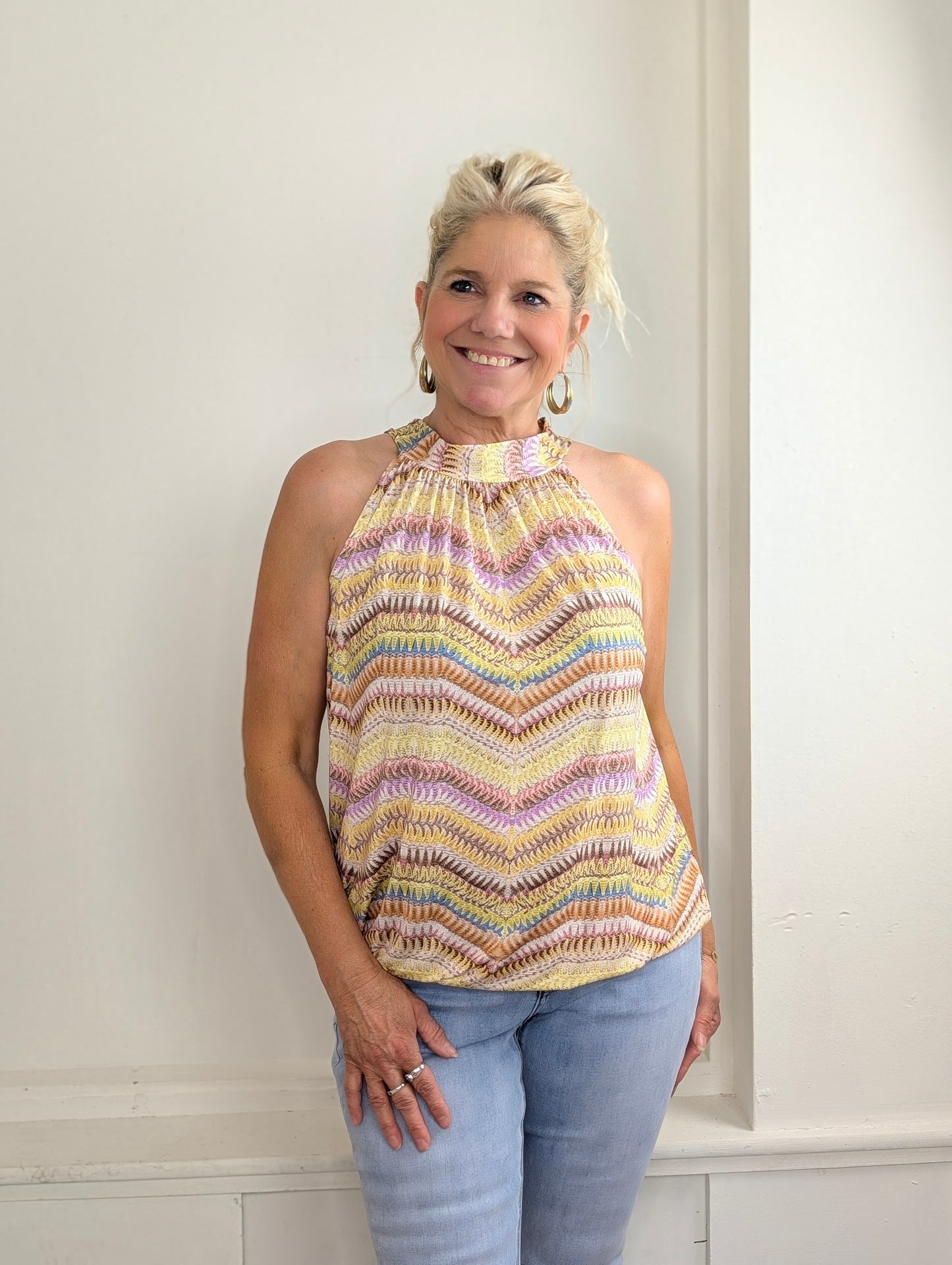 Haltertop big print mix - Blauw / Geel /Bruin