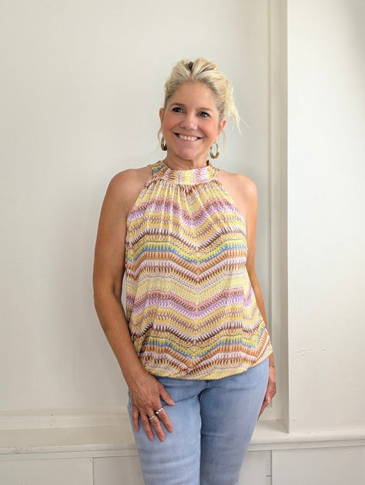 Haltertop big print mix - Blauw / Geel /Bruin