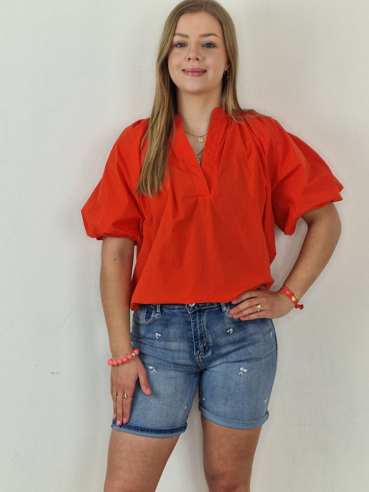 Senna blouse met pof mouw en v-hals - Orange