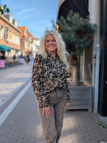 Say flower blouse - Zwart / beige / taupe