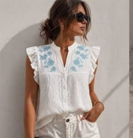 Su top met ruffles - Wit / licht blauw