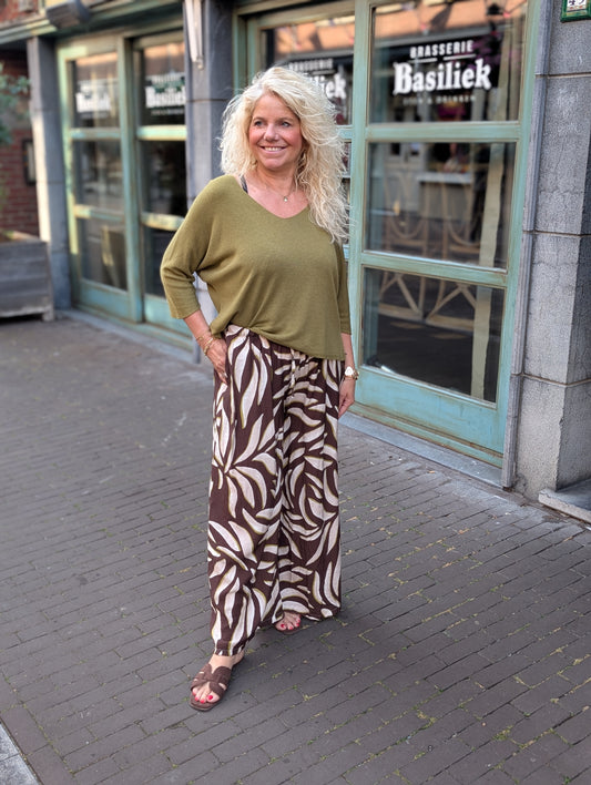 Bobby print broek - Pistache/ bruin / creme