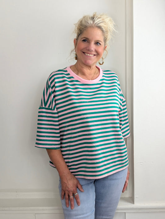 Gestreept shirt shimmer - Groen / lichtroze