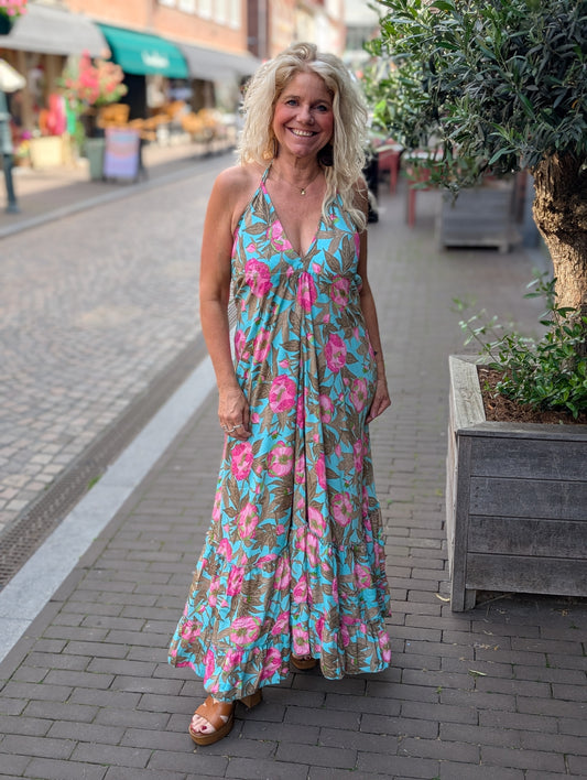 Ibiza maxi dress met open rug - Turquoise