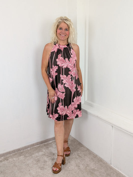 Halterjurk bloemenprint Emma - Bruin/Roze