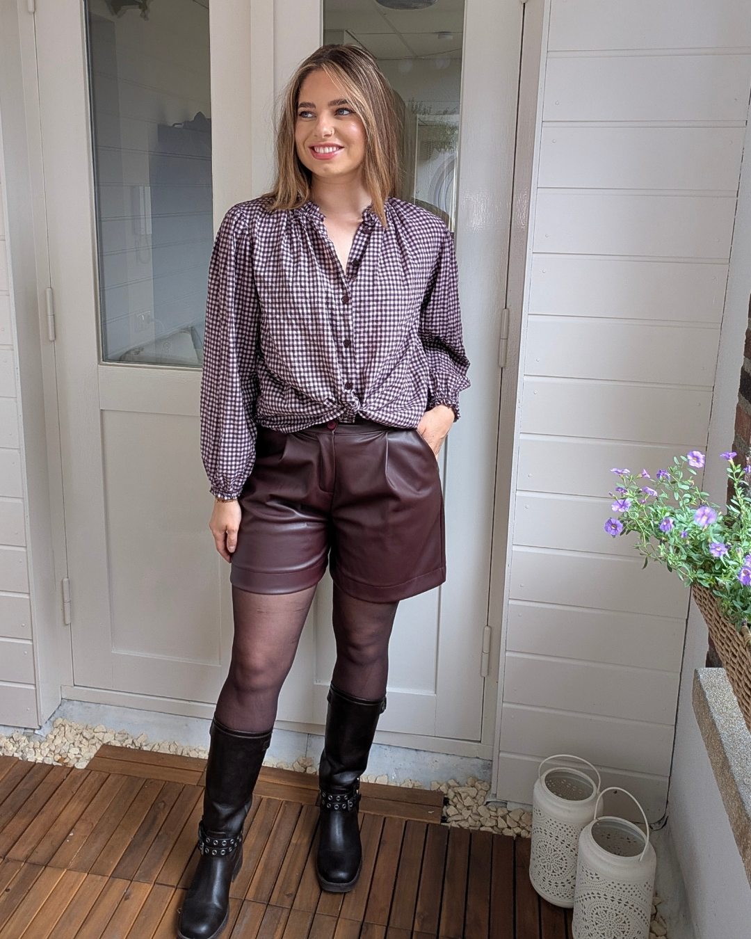Ruffle Check Blouse – Aubergine