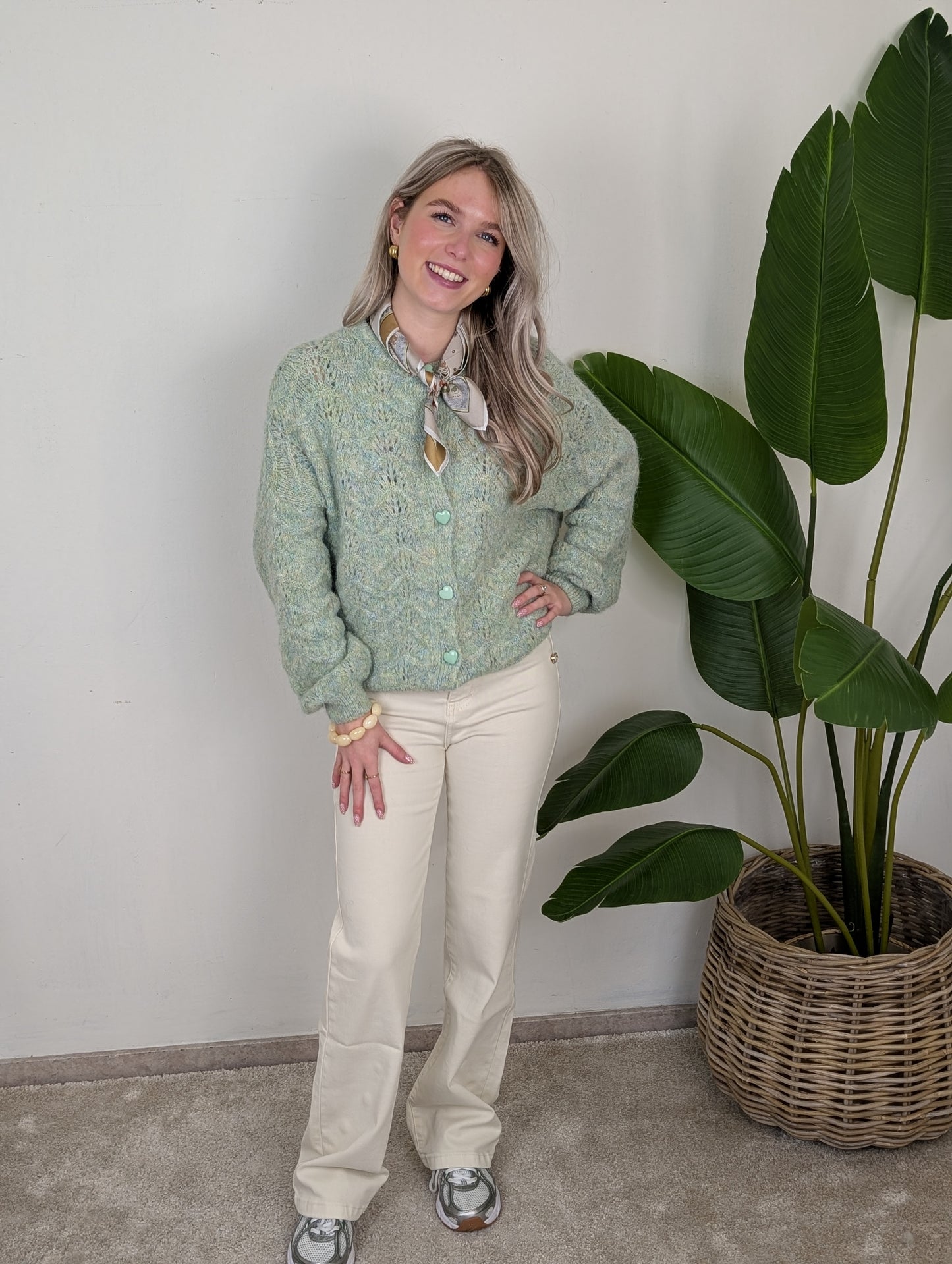 Ajourgebreid Vest met Hartjes knopen - Groen