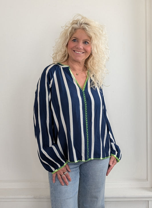 Ylay streep blouse - Blauw/ wit/ groen