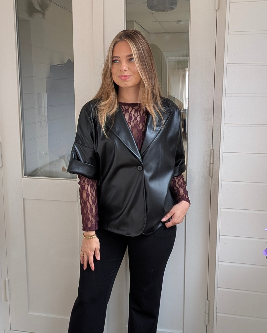 Liva Faux Leather short sleeve Blazer - Black
