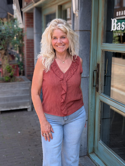 Patty ruffle top met v-hals - Brique
