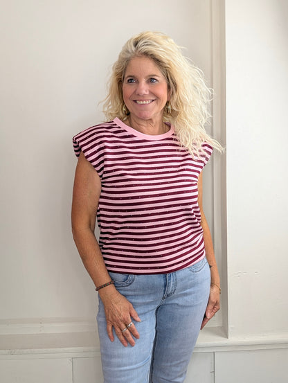 Basy streep glitter top - Bordeaux rood / roze