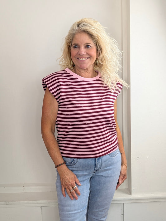 Basy streep glitter top - Bordeaux rood / roze