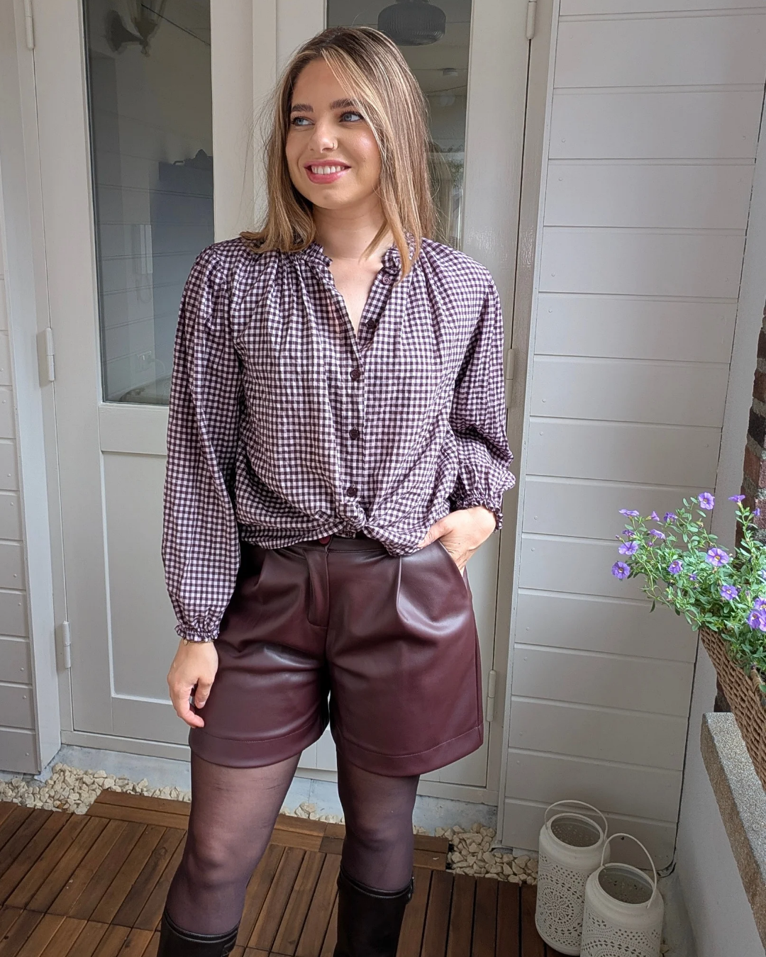 Ruffle Check Blouse – Aubergine