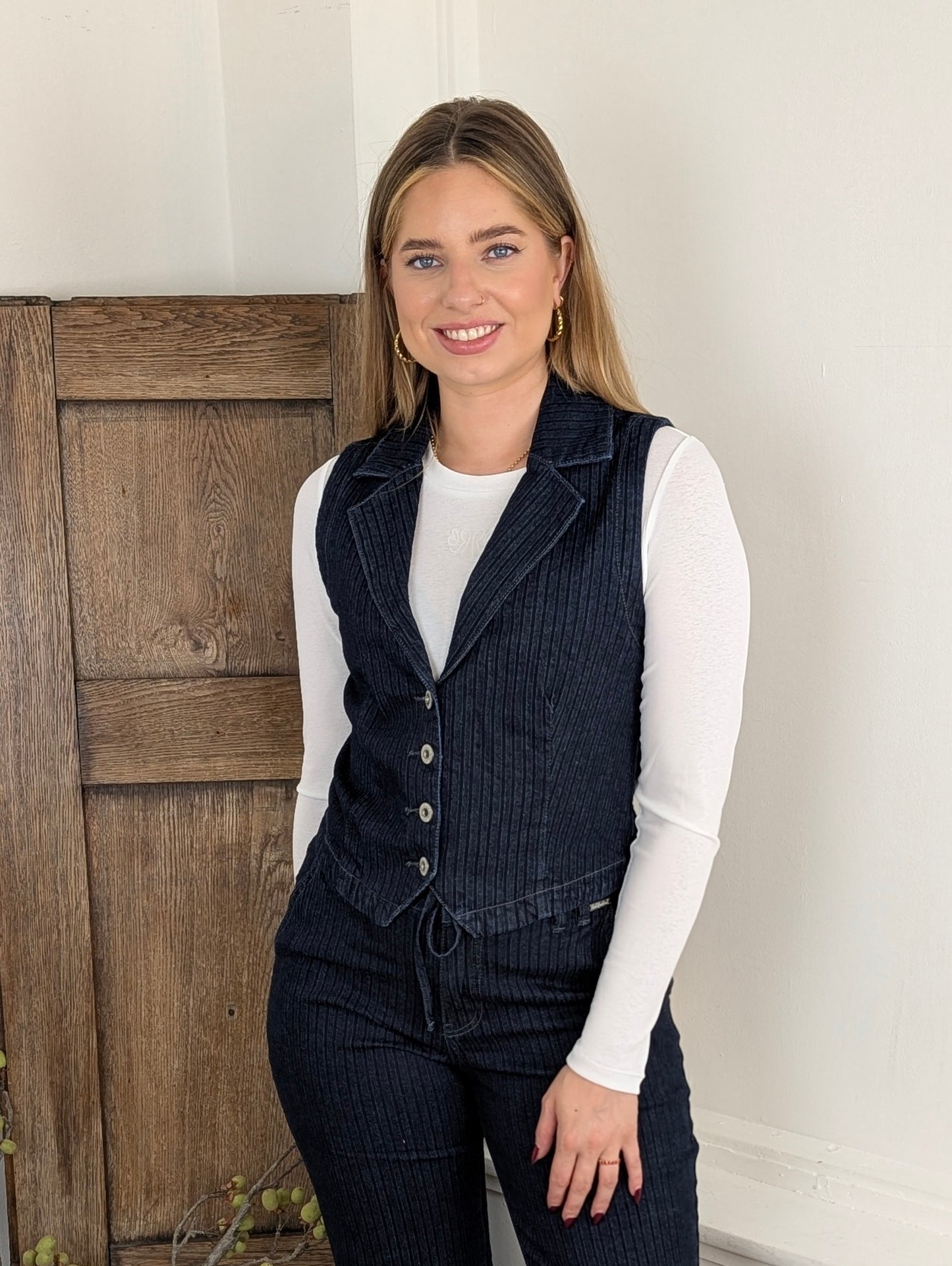 Red Button Waistcoat - Blue Denim Stripe