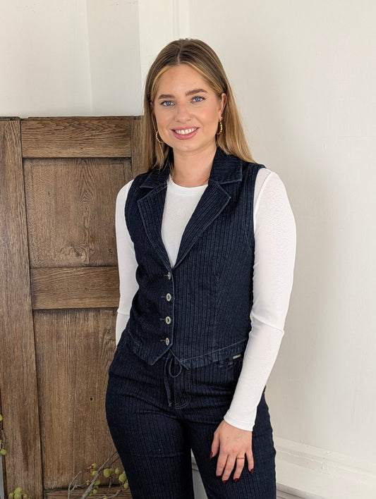 Red Button Waistcoat - Blue Denim Stripe