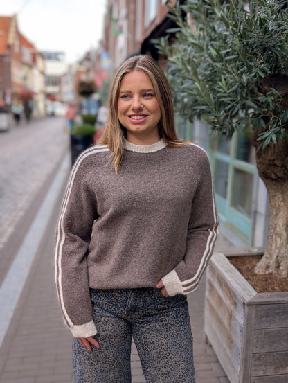 Batu streep gebreide trui - Ecru / taupe