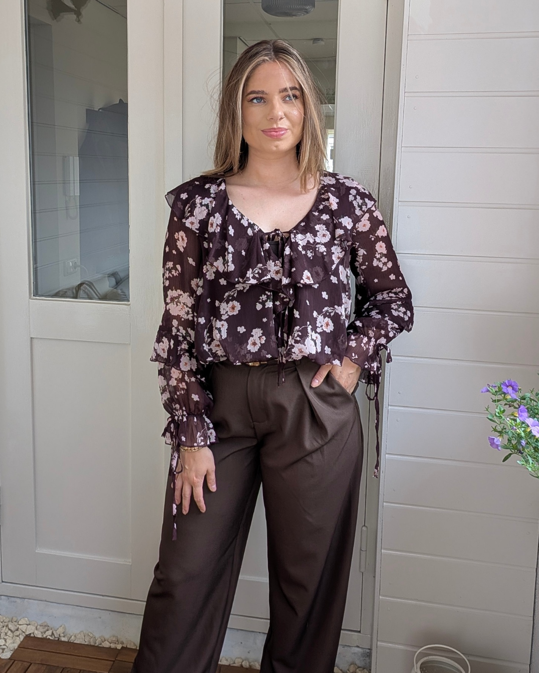 Feline Ruffle Balloon Bloemen Print Blouse - Plum/Pink