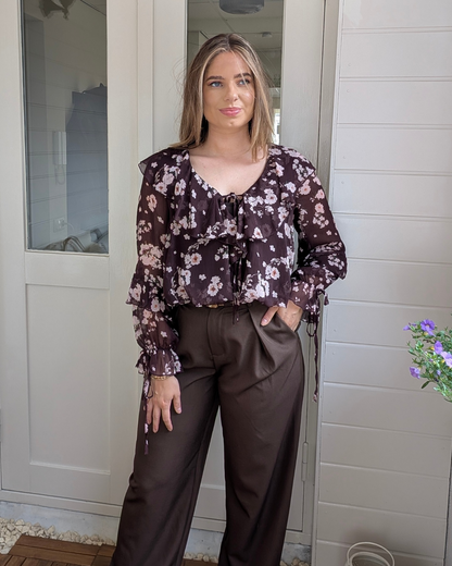Feline Ruffle Balloon Bloemen Print Blouse - Plum/Pink