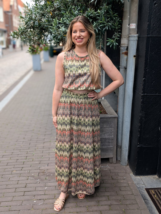 Vif print rok - Groen / bruin / creme