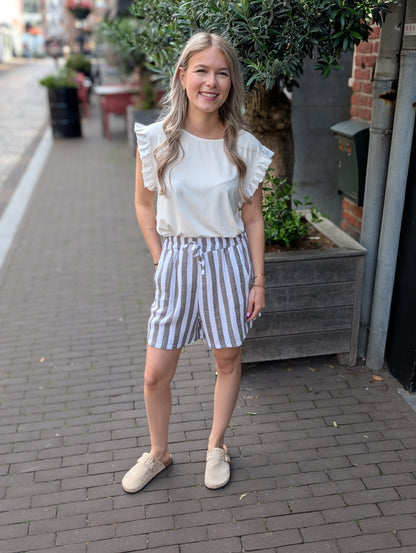 Gestreepte katoenen short Yvet - Taupe/Wit