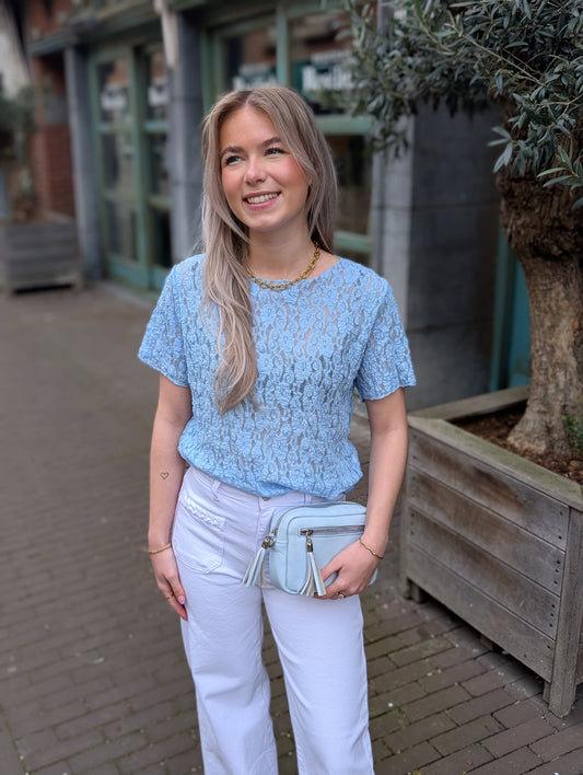 Kanten shirt korte mouwen - Lichtblauw