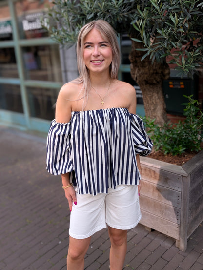 Off the shoulder blouse top - Wit / blauw streep