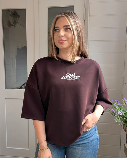 Oui Amour Short Sleeve Sweater - Bruin-Diep Bordeaux/Roze
