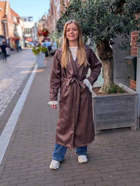 Suède look trenchcoat Fenny - Bruin