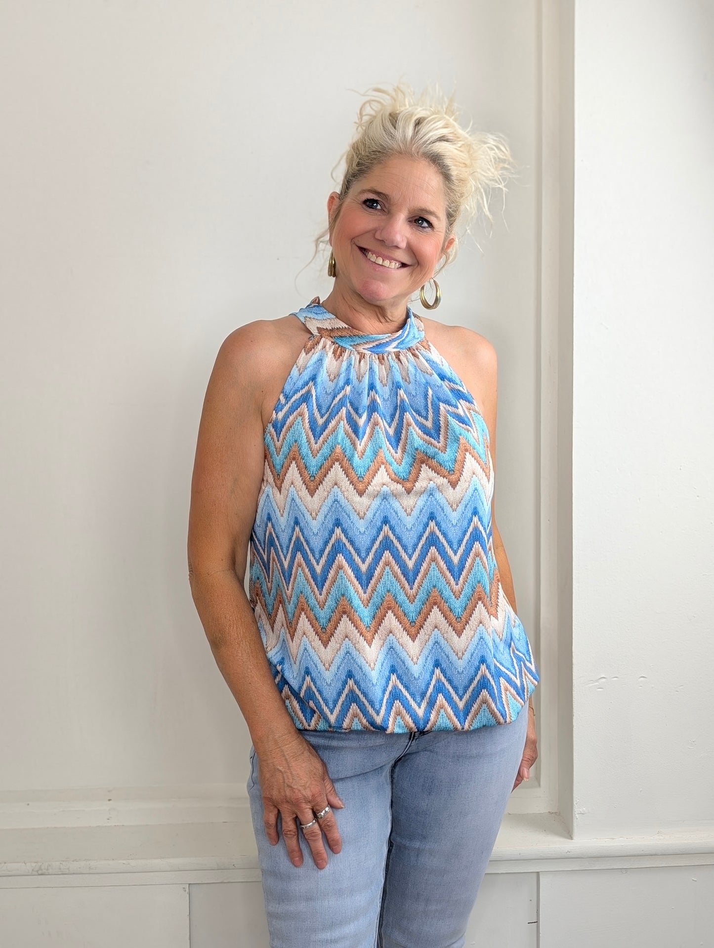 Haltertop zigzag mix - Blauw mix