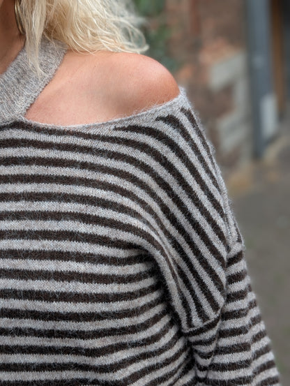 Open shoulder trui gestreept - Taupe/Bruin
