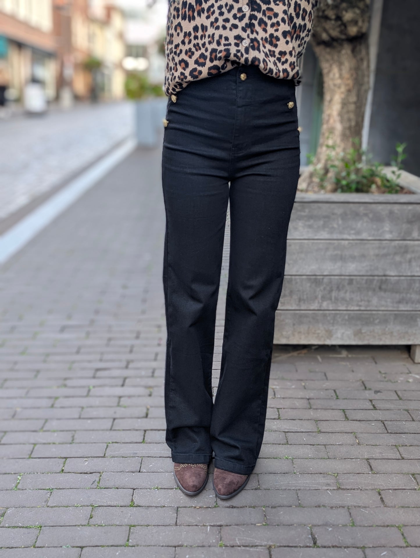 Folyrose wide leg knopen - Zwart
