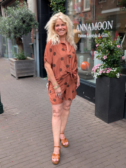 Viscose polkadot set blouse + short - Brique