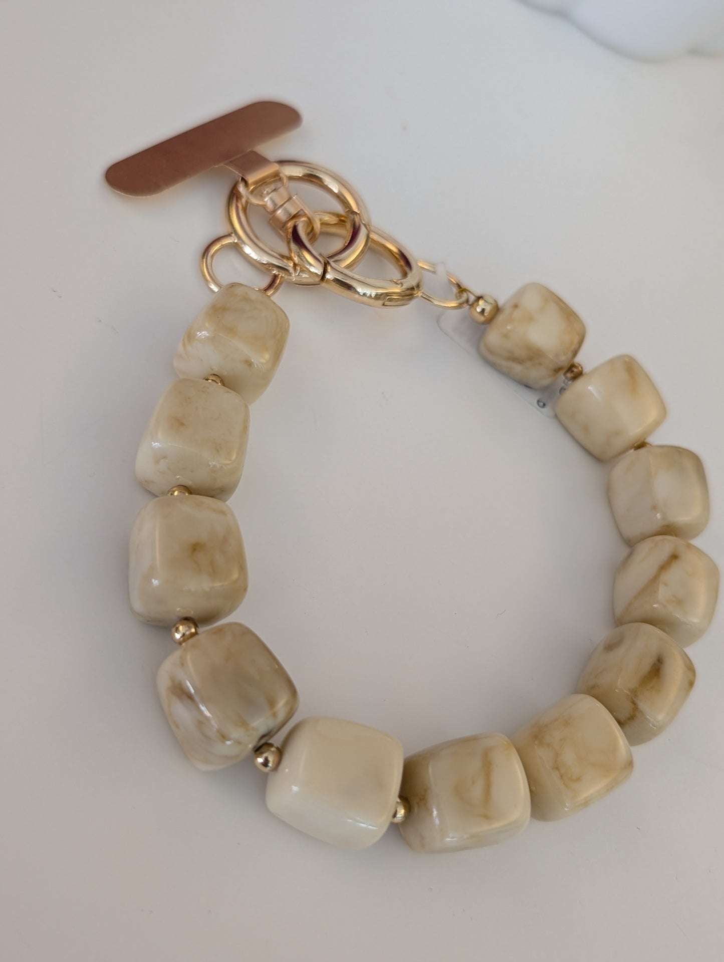 Telefoon koord vierkante kralen - Beige / goud