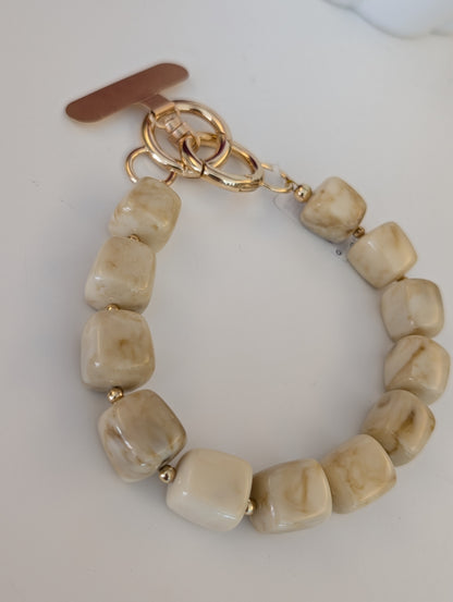 Telefoon koord vierkante kralen - Beige / goud