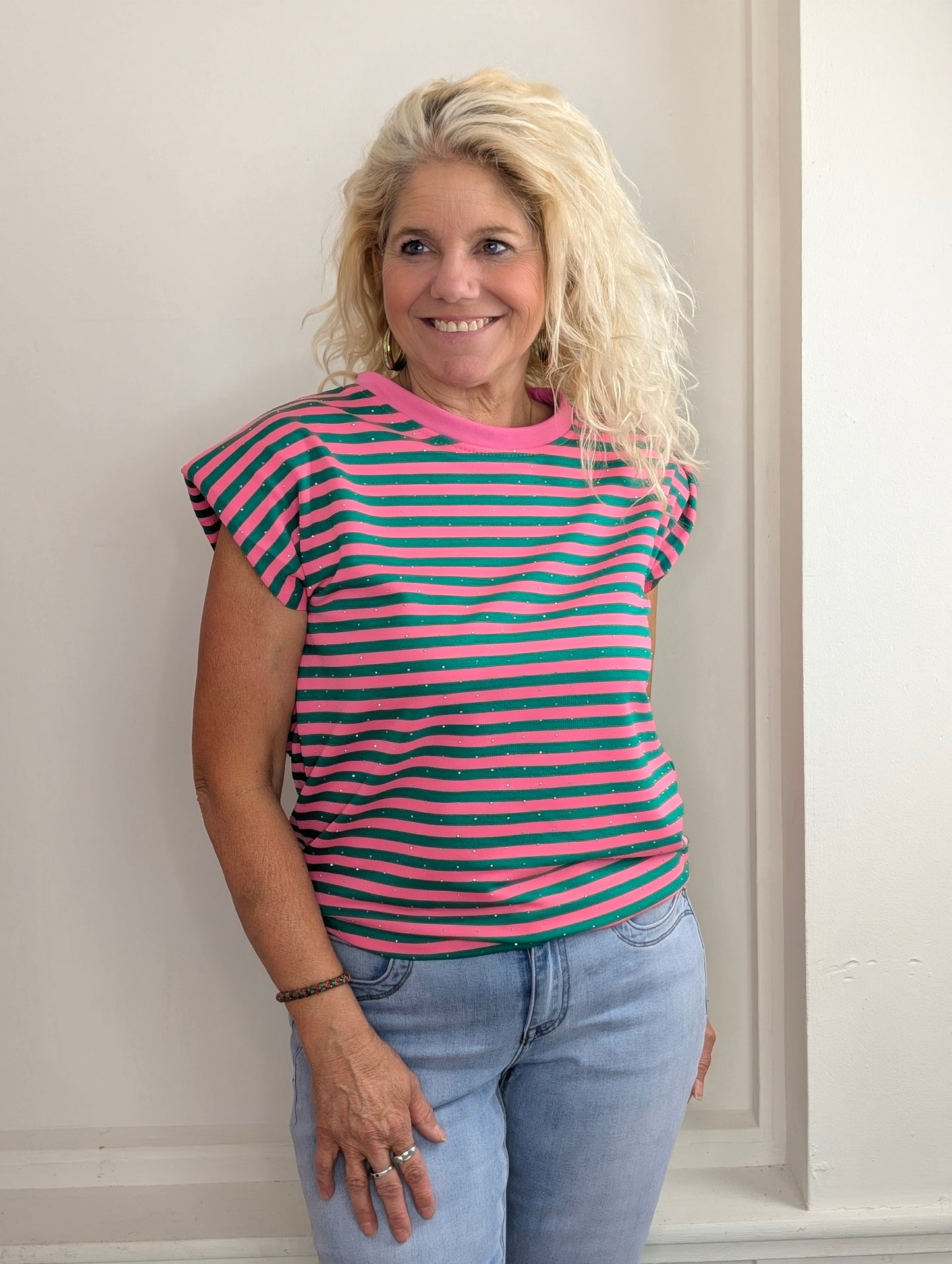 Basy streep glitter top - Roze /groen